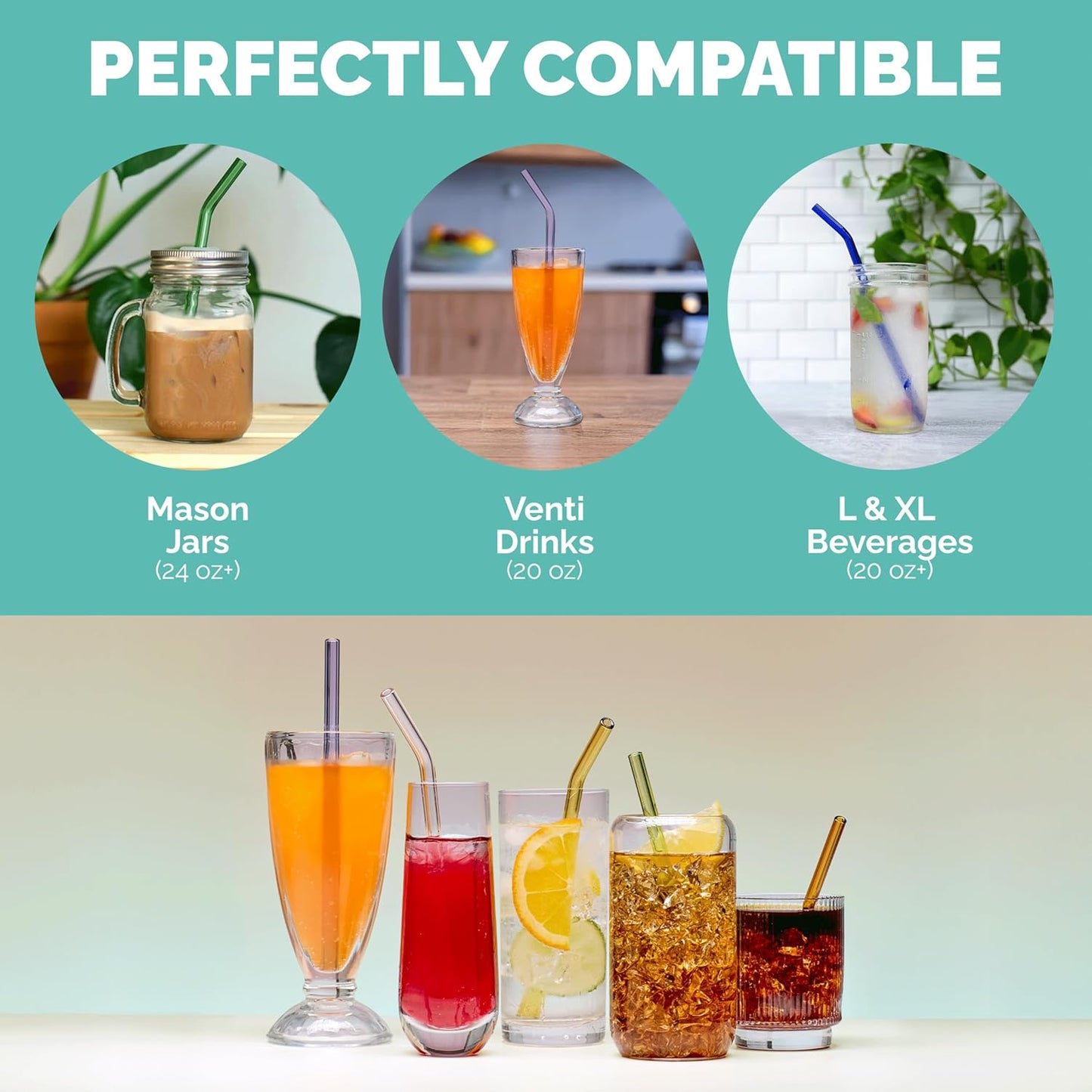 Simply Straws 10 Inch Glass Straws Bent (6-Pack) – Reusable Glass Straws for 24 Oz Mason Jars & Tumblers, with Cleaning Brush – Durable, Dishwasher Safe, Hot & Cold Use, BPA-Free (Fjord Mist)