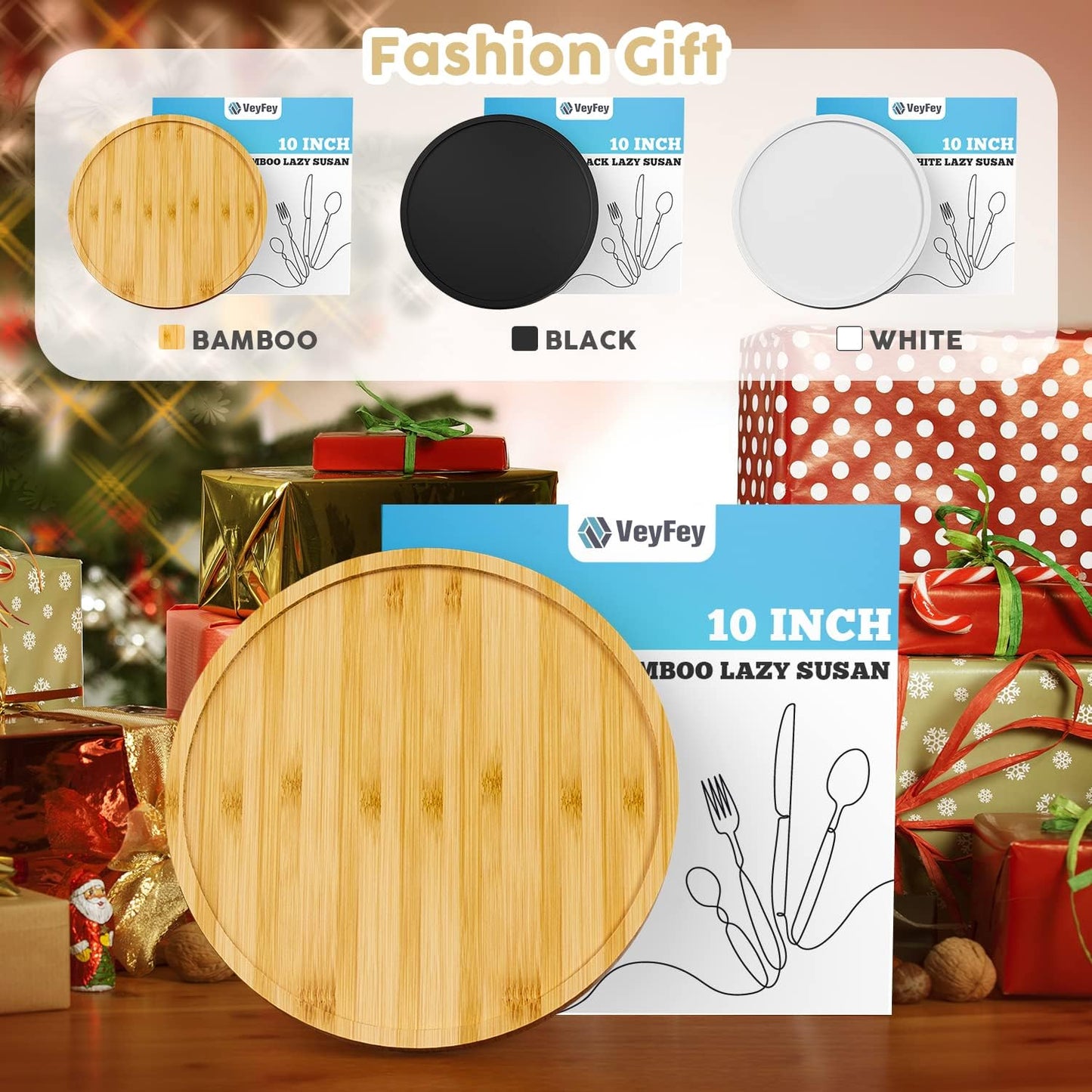 Lazy Susan Organizer, 10 Inch Non-Skid Bamboo Turntable Organizer for Salt Pepper Olive Oil and Spices Next to Stove, Wooden Lazy Susan for Table or Kitchen Countertop Organizer