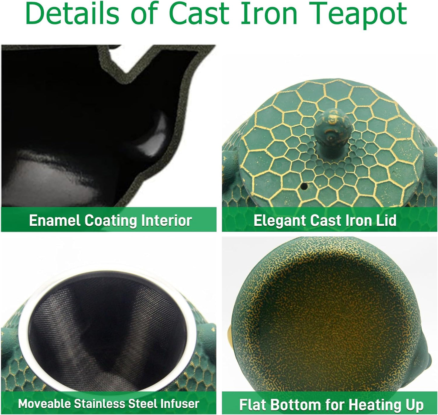 Cast Iron Tea Kettle Set, 33.8oz Hexagon Pattern Teapot Set with Cups, Teapot Coated with Enameled Interior, Durable Cast Iron Teapot Set with Stainless Steel Infuser