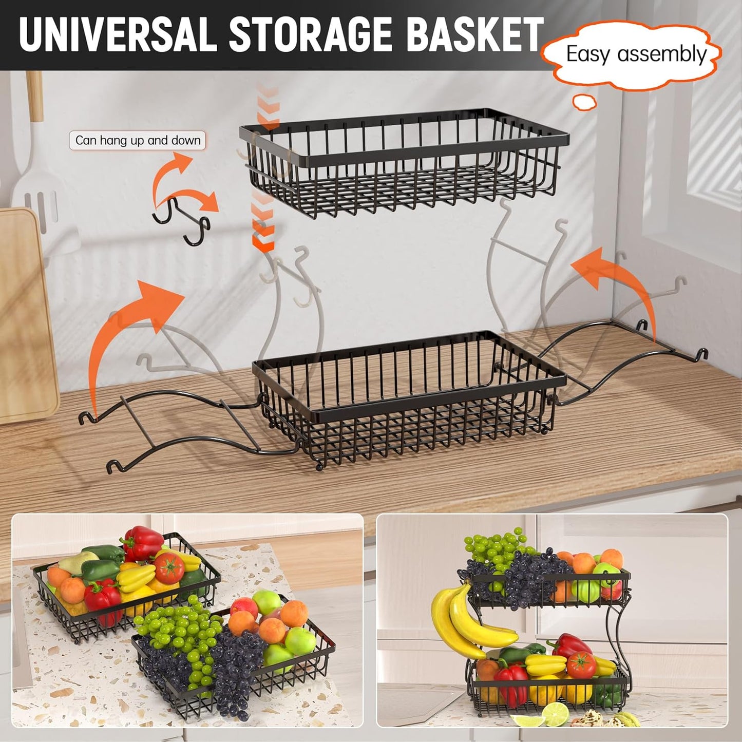 Fruit Basket,2-Tier Fruit Bowl with Banana Hanger,Kitchen Storage Countertop Rack,Fruit Metal Bowls Perfect for Holding Fruit,Vegetables,Snacks(Black)