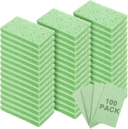Zhengmy 100 Pieces Kitchen Sponge Bulk Natural Sponges for Dishes Compressed Wood Pulp Sponges Cleaning Sponge Without Scratching for Kitchen Bathroom, 3.9 x 2.4 x 0.12 Inch (Green)
