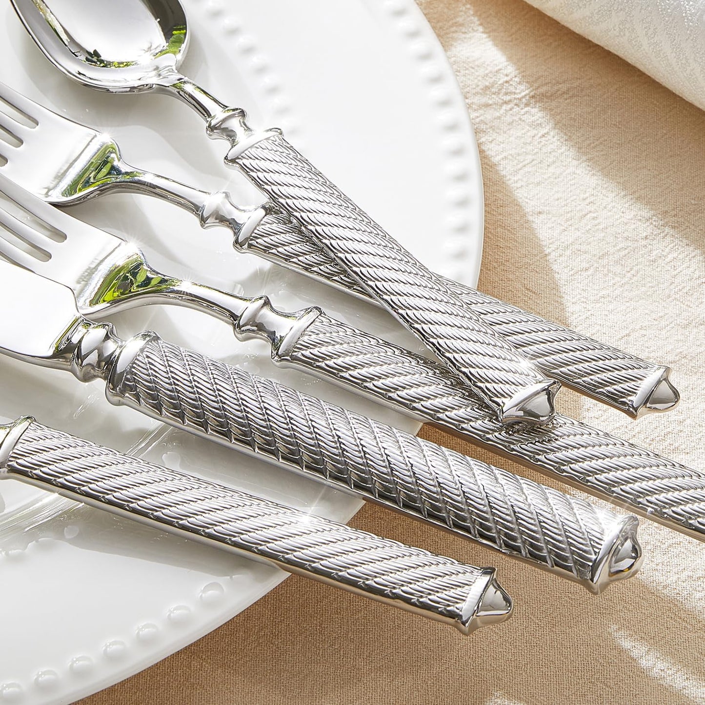 KINGSTONE Retro Rope-Pattern Silverware Set, 5-Piece Flatware Set Cutlery Set Forged with Handcrafted Texture Handles 18/10 Stainless Steel, Dishwasher Safe