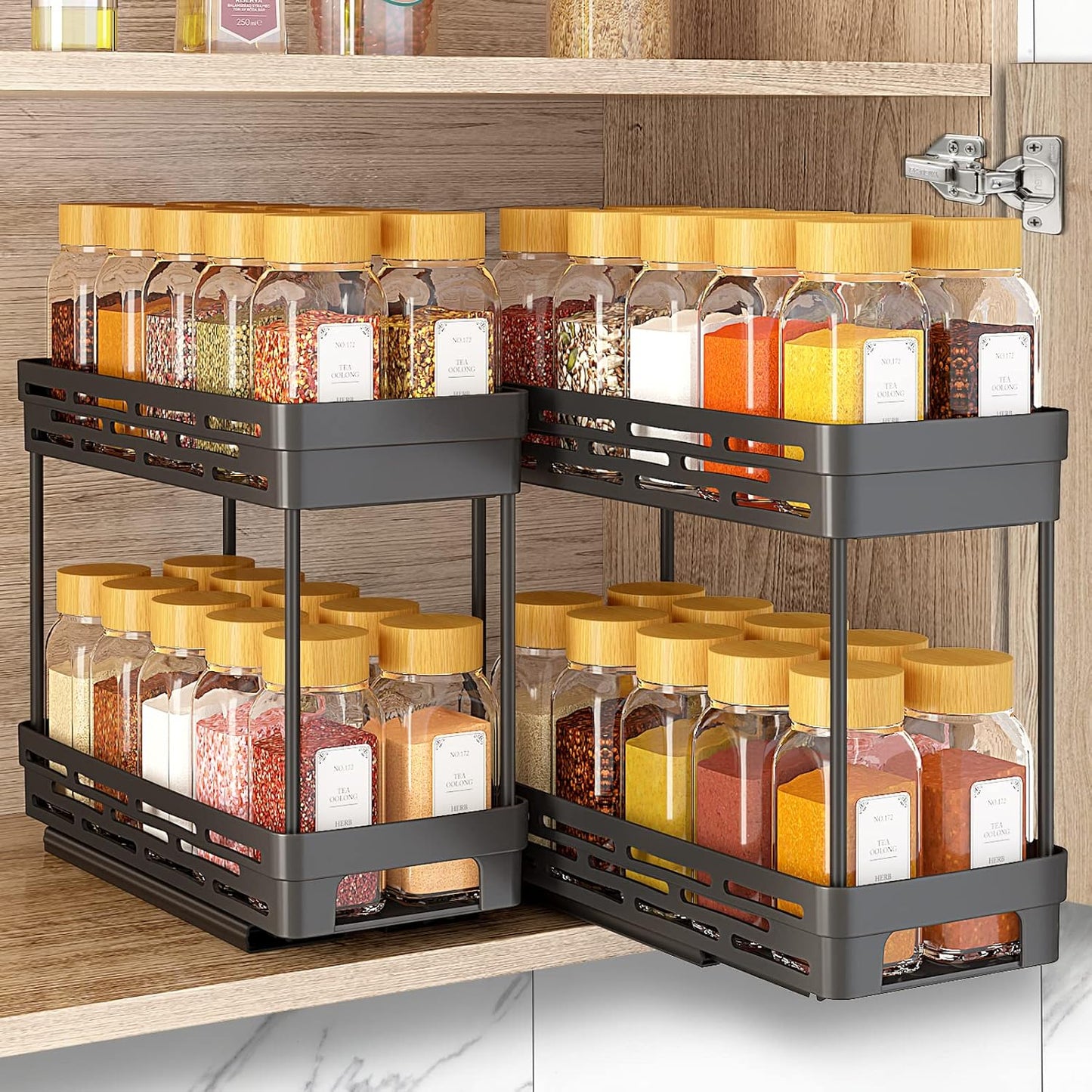 2 Pack Pull Out Spice Rack Organizer for Cabinet, 2Tier Slide Out Spice Racks Organizer, Spice Cabinet Organizers, Cabinet Size Need:12'' Highx11'' Deepx5'' Wide, Upgraded-Black