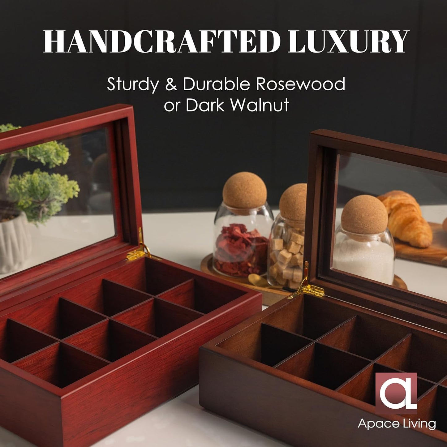 Tea Box - Luxury Wooden Tea Bag Organizer from The Apace Premier Collection - 6 Compartment Tea Storage Chest Container - Elegantly Handmade w/Scratch Resistant Window