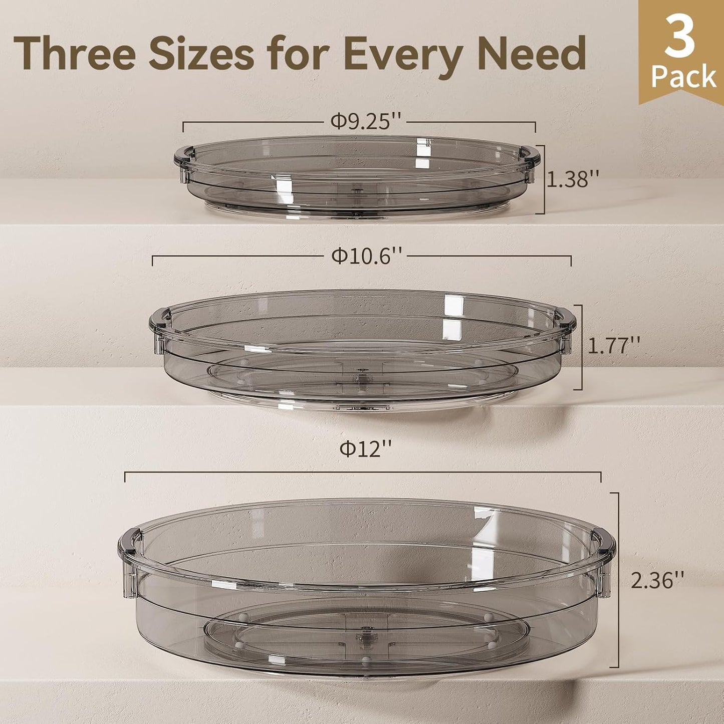 LAMU 3 Pack Lazy Susan Organizer Turntable for Cabinet, Condiment Organizer for Kitchen Pantry Organizers and Storage, Table Top, Fridge, Countertop, Spice Organization, 12'' 10.6'' 9.25'', Grey