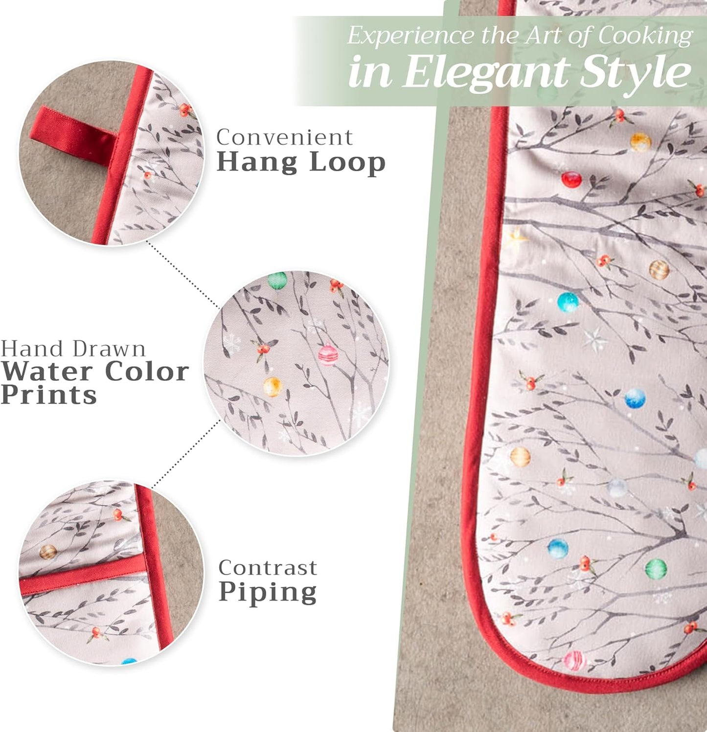 Maison d' Hermine Double Oven Mitt 100% Cotton Heat Resistant Cooking Gloves with Loop, Baking Barbeque, Handling Hot Pan, Fairy Christmas - Thanksgiving/Christmas (7 Inch x 35 Inch)