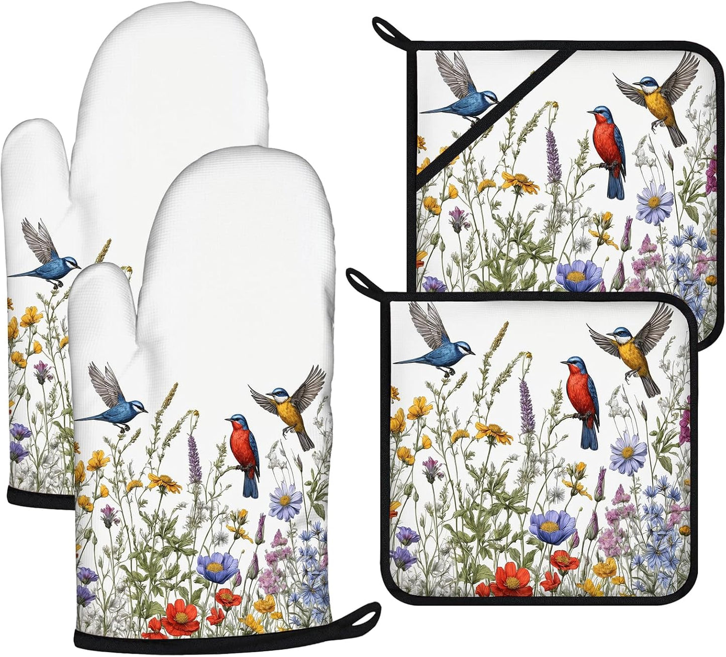 Wildflowers Birds Oven Mitts and Pot Holders Sets 4Pcs,Extra Long Oven Gloves Potholder for Kitchen Cooking Baking BBQ 100% Cotton Heat Resistant