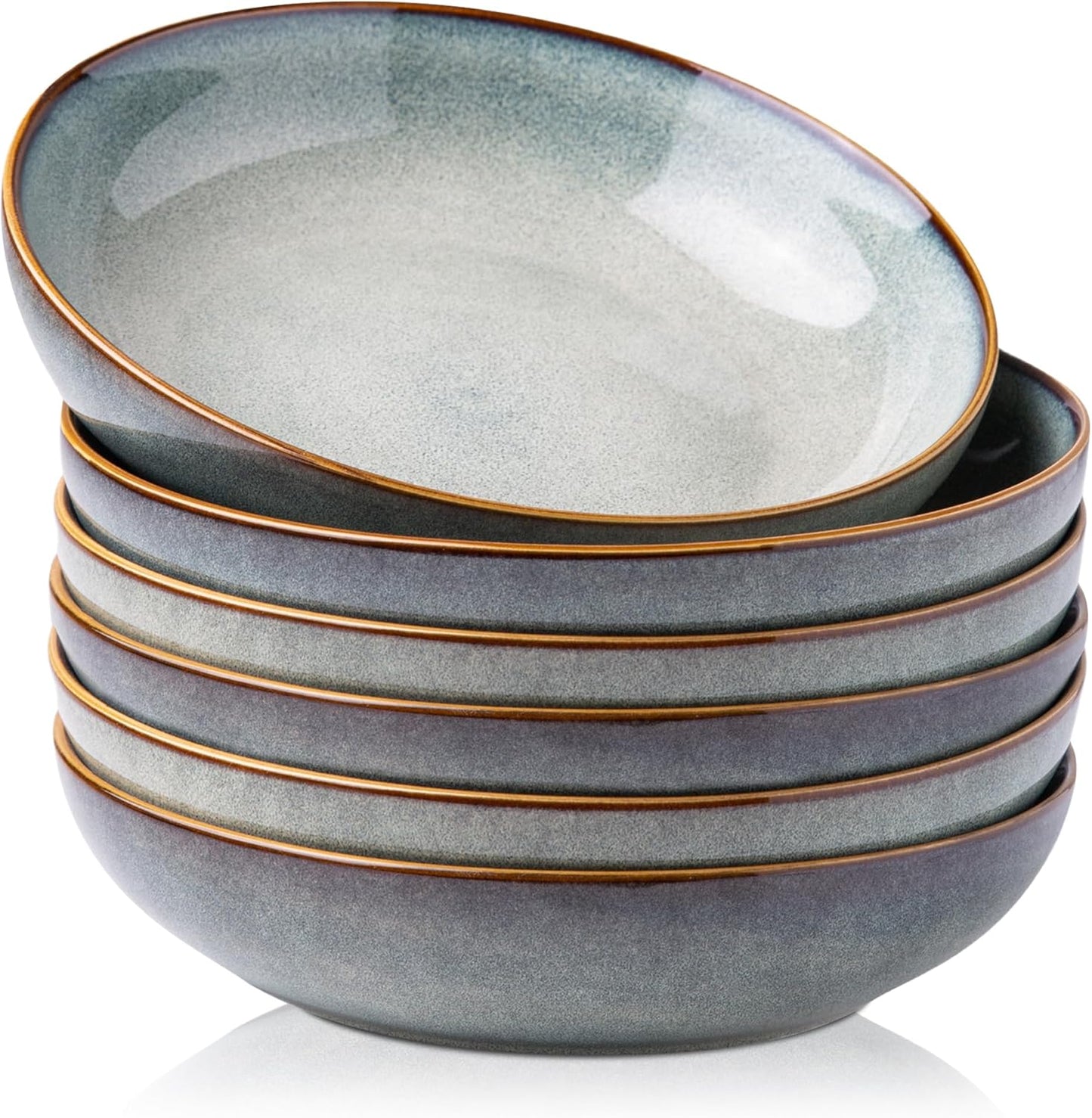 AmorArc 8.5'' Large Pasta Bowls, 36oz Ceramic Pasta Serving Bowls Set of 6 for Kitchen, Wide Bowls for Pasta,Salad,Oatmeal, Microwave Safe, Ocean Blue