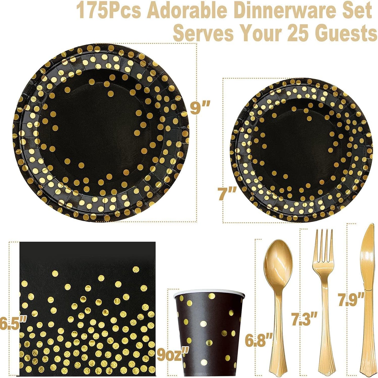 AIRE 175PCS Black and Gold Plates Party Supplies Dinnerware Sets for 25 Guests, Disposable Paper Party Plates, Dessert Plates, Cups, Napkins, Plastic Spoons, Forks, Knives for Wedding, Birthday