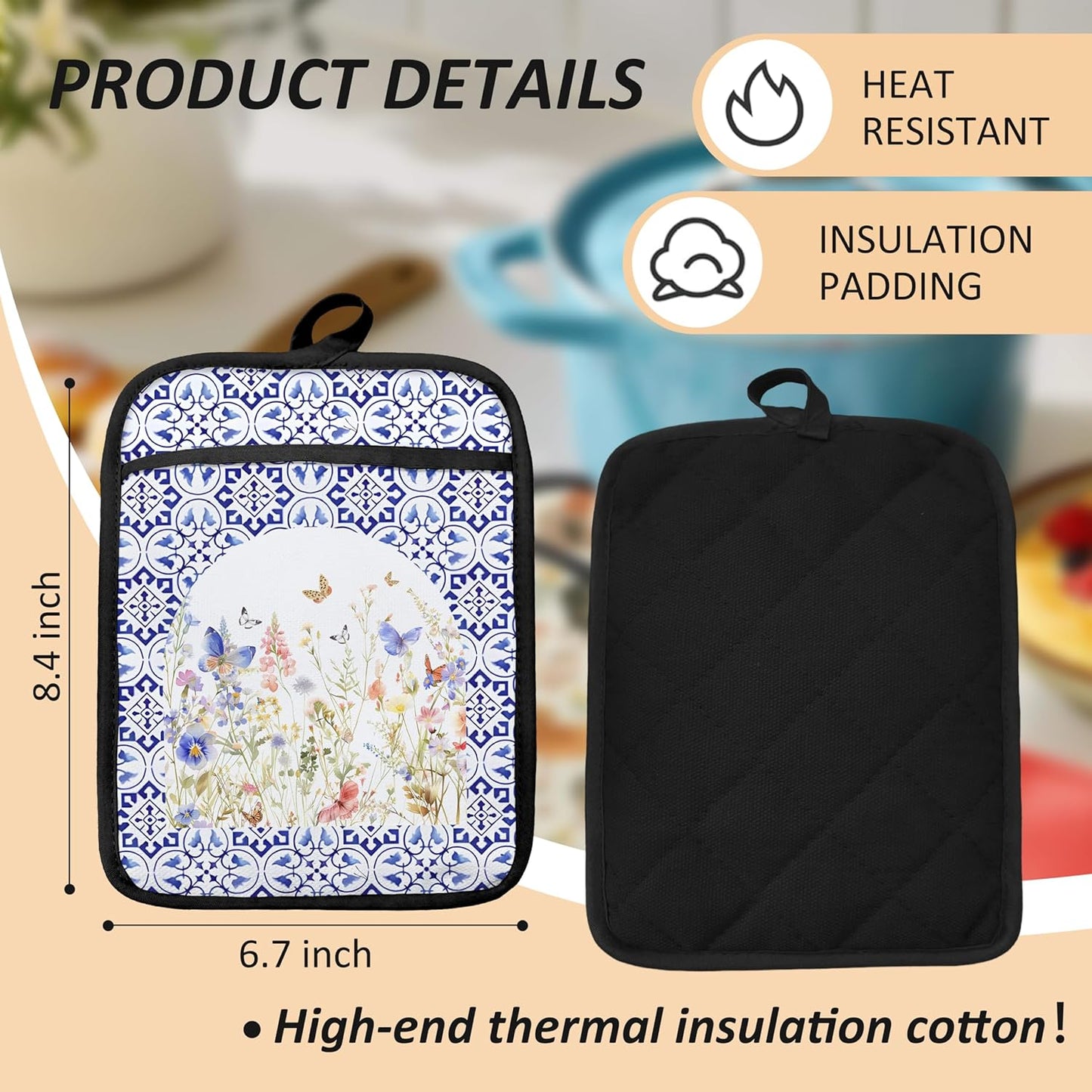 Colorful Wildflowers Floral Oven Mitts Set, Blue and White Heat Resistant Kitchen Oven Gloves for Baking and Cooking,Pot Holders