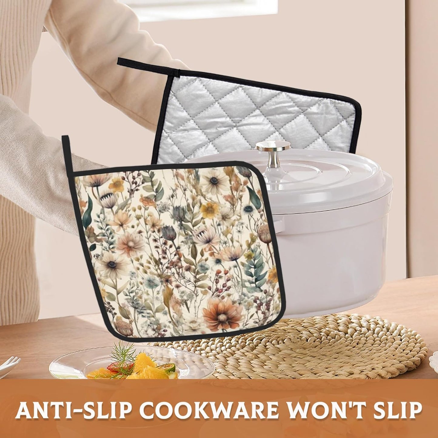 2PCS Boho Watercolor Floral Pot Holder with Loop,Heat Resistant Oven Pads,Hot Pat for Kitchen Cooking Baking Food