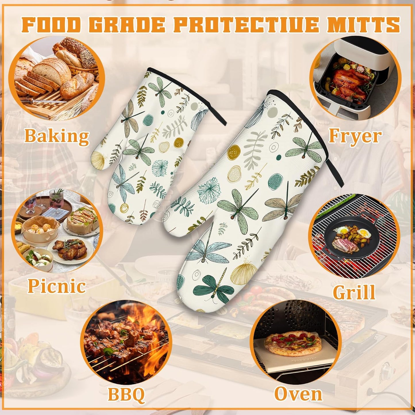 Vintage Dragonfly Oven Mitts and Pot Holders,Boho Heat Resistant Oven Mitts Gloves and Pot Holder for Home Kitchen Decorations Cooking Baking BBQ Gifts,Set of 4