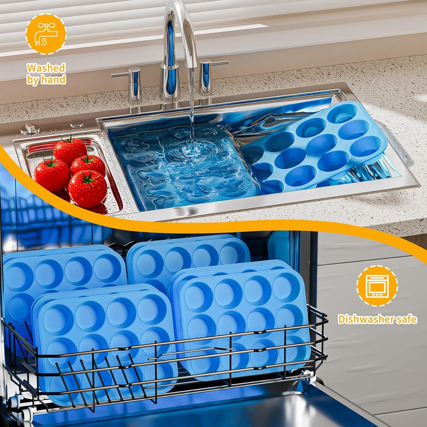 Bangp 12-Cup Silicone Muffin Pan with Metal Reinforced Frame,2 Pack Regular Size Cupcake Pan,Premium Non-Stick Bend Resistance Silicone Molds for Making Muffin,Cakes,Tart,Egg Bites (Blue)