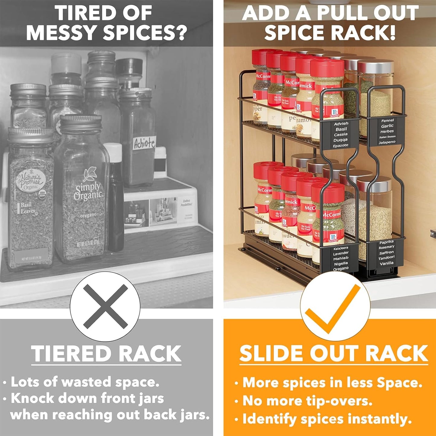 SpaceAid Pull Out Spice Rack Organizer for Cabinet, Heavy Duty Slide Out Seasoning Kitchen Organizer, Cabinet Organizer, with Labels, 5.2" W x10.75 D x10 H, 2 Drawers 2-Tier