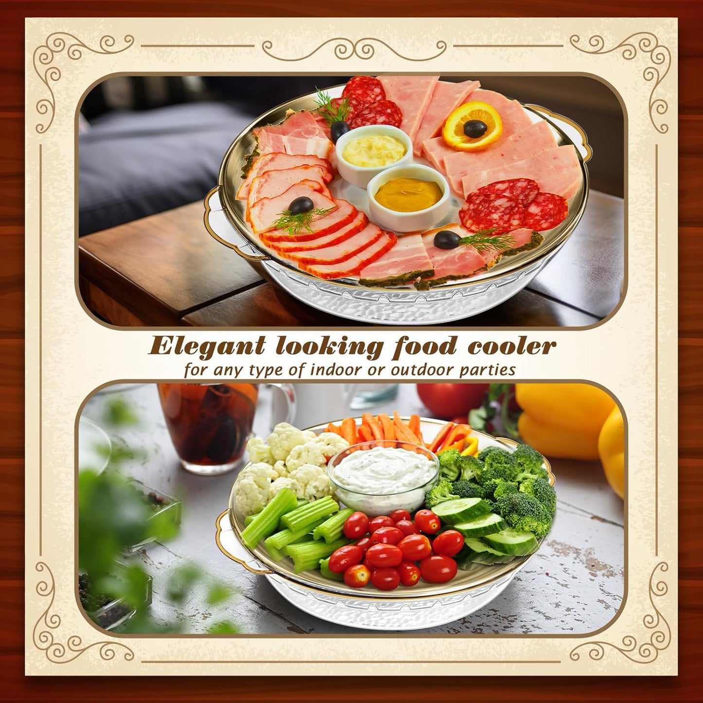 Baderke 6 Set 11.8" Chilled Serving Tray for Parties with Compartments Ice Chilled Party Platter Charcuterie Serving Board Cold Dish Dip for Fruit Seafood Vegetable Shrimp Cocktail (Gold)