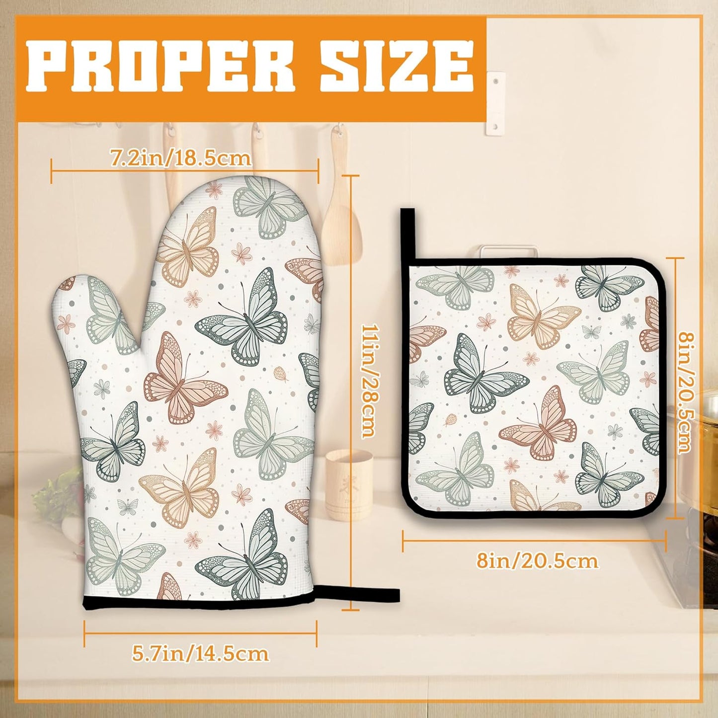 Butterfly Vintage Oven Mitts and Pot Holders Set,Boho Kitchen Decor Heat Resistant Non Slip Hot Pads and Oven Mitt for Chef Cooking Baking BBQ Mom Girl Gifts(4 Piece Set)