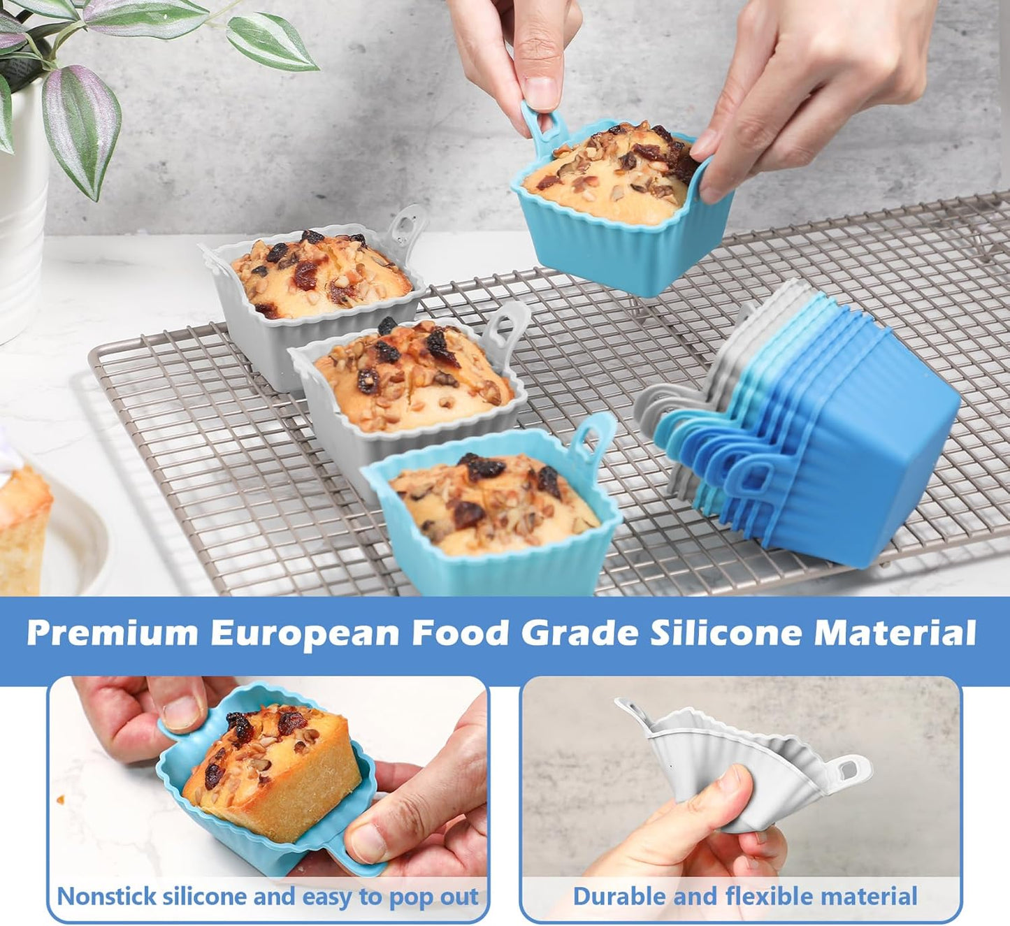 Koluti Reusable Silicone Baking Cups Set of 12, Nonstick Muffin Cupcakes Mold with Double Handle, BPA Free, Mini Square Air Fryer Cupcake Liners, 3 Colors