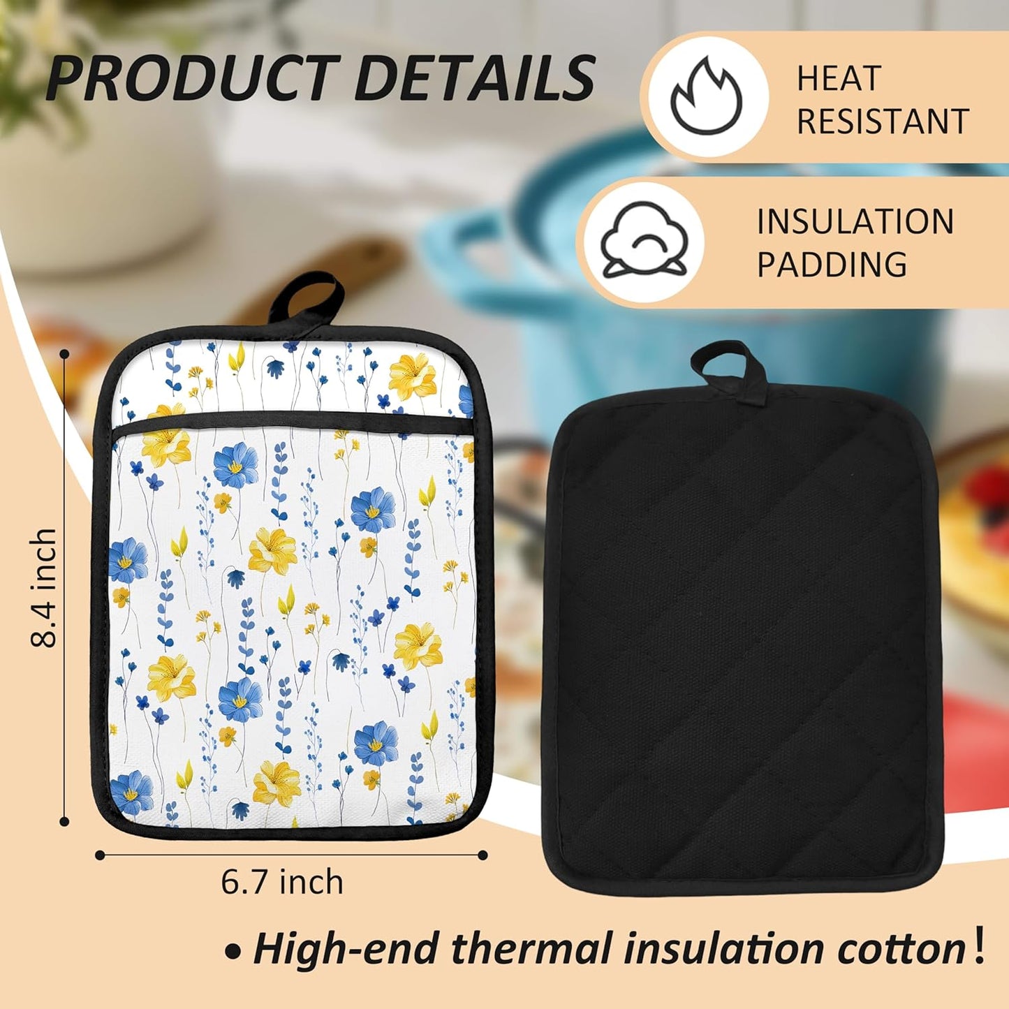 Blue and Yellow Floral Oven Mitts Set, Blue Flower Floral Heat Resistant Kitchen Oven Gloves for Baking and Cooking,Pot Holders