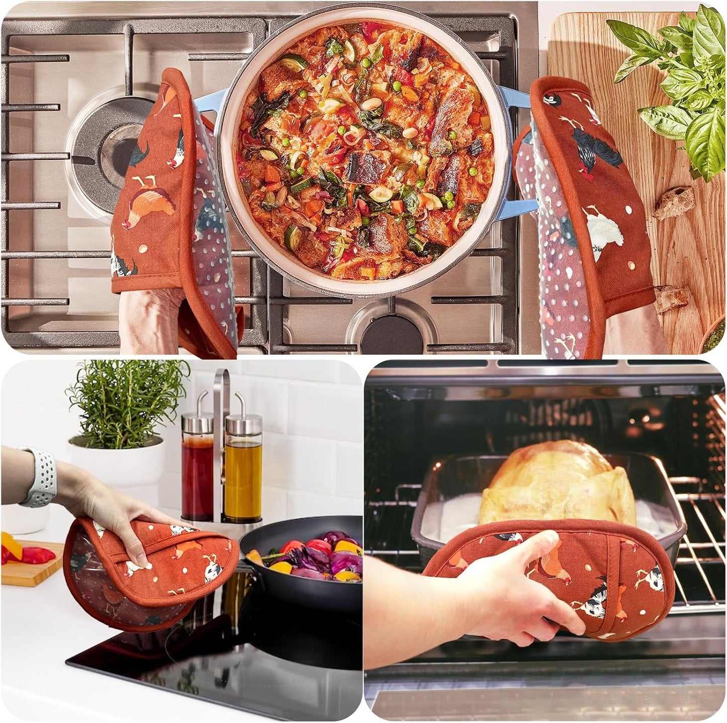 Pot Holders Set of 2 with Transparent Clear Silicone Shell and Nice Dog Flower Cotton Lining, Heat Resistant to 500 F Kitchen Oven Gloves Pot Holder for Cooking (Rooster, Potholders)