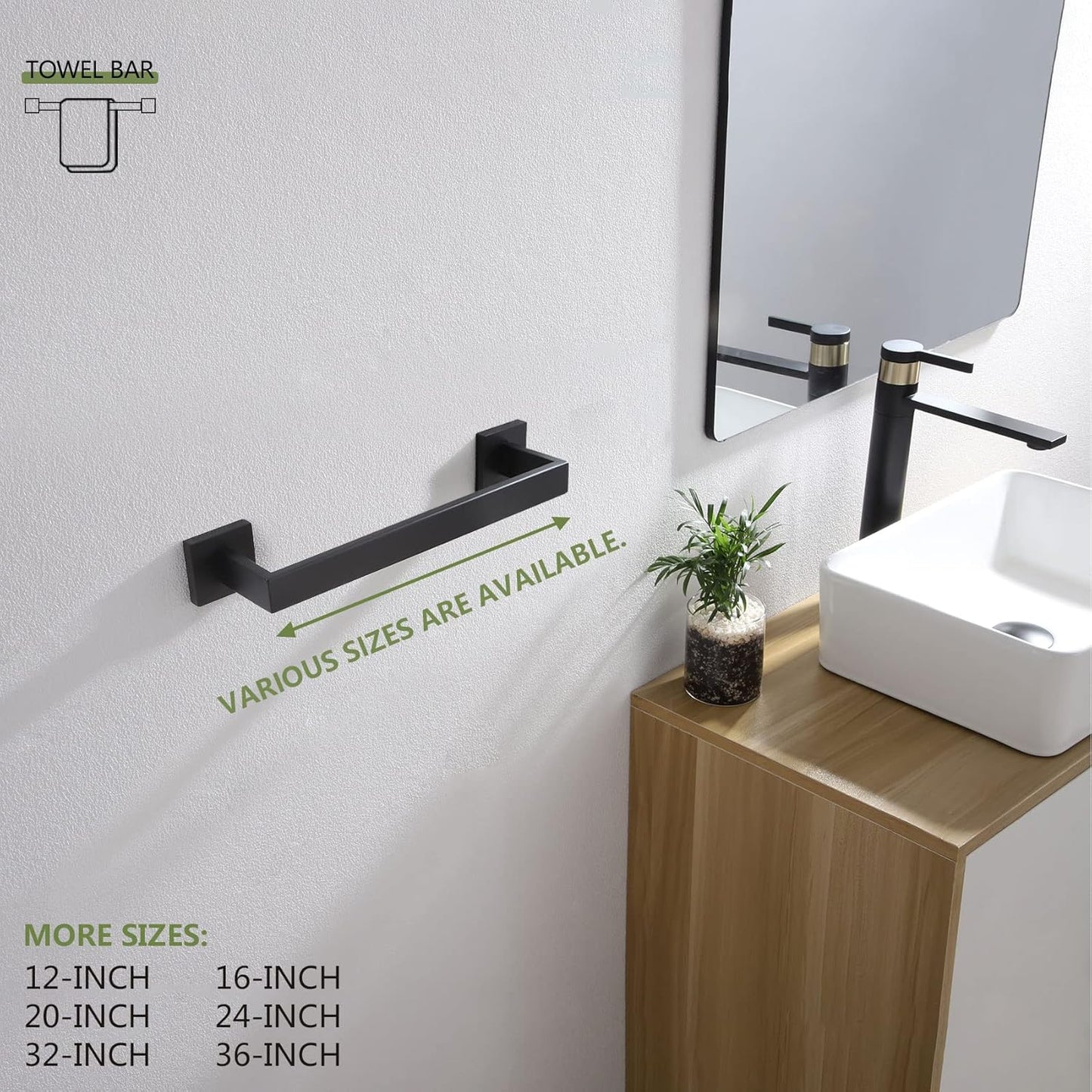 KOKOSIRI 12-Inch Single Towel Bar, Bathroom Kitchen Towel Holder, Wall Mounted SUS304 Stainless Steel Towel Rack, Matte Black, B4003BK-L12