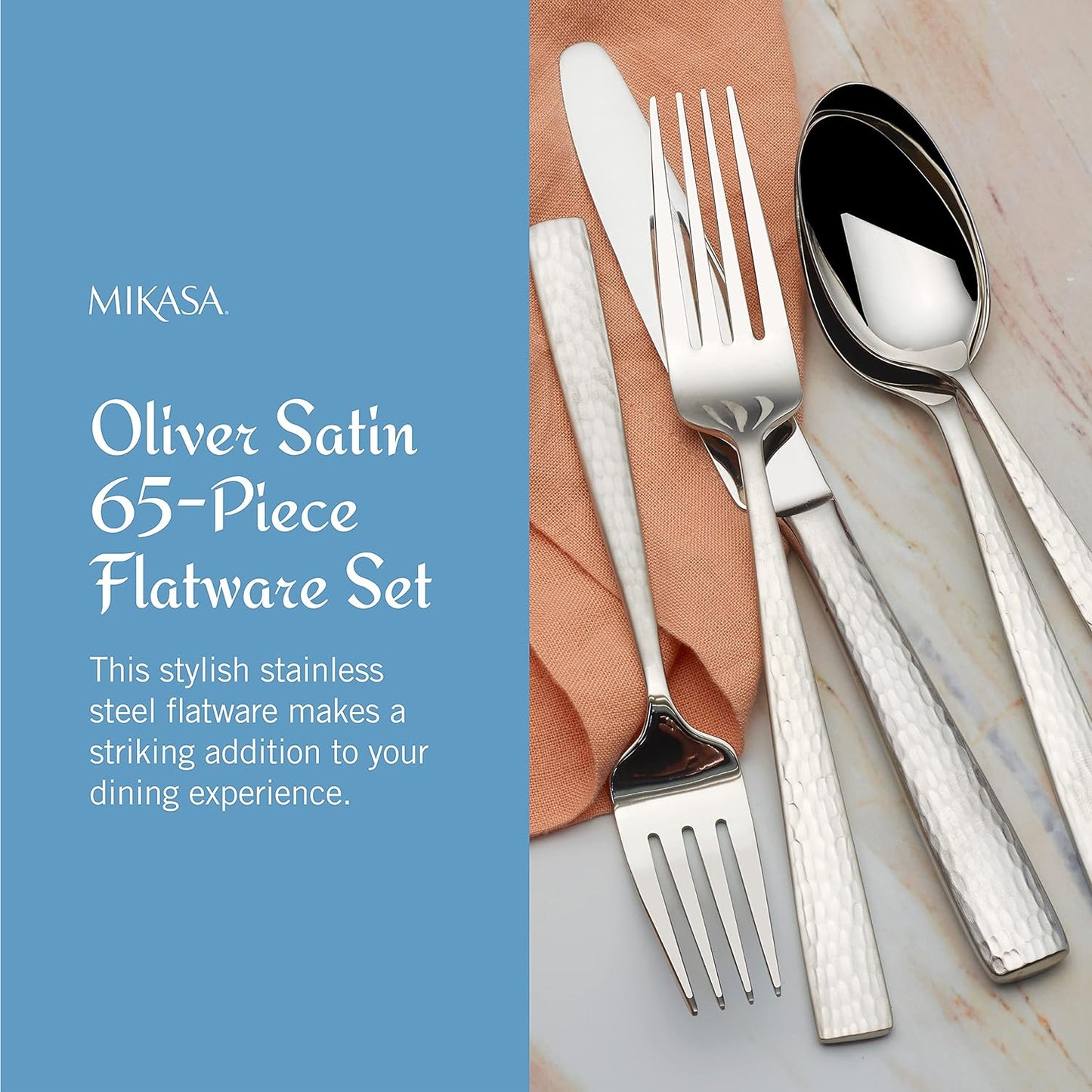 Mikasa Oliver Satin Flatware Set for 12, 65 Piece 18/10 Stainless Steel Silverware with Stylish Satin Finish and Serving Utensils, Durable Dinnerware Service