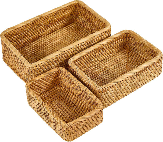 Natural Rectangular Rattan Storage Baskets (Set of 3), Hand Woven Food and Fruit Serving Baskets, Wicker Organizer for Living Room, Bedroom, Kitchen