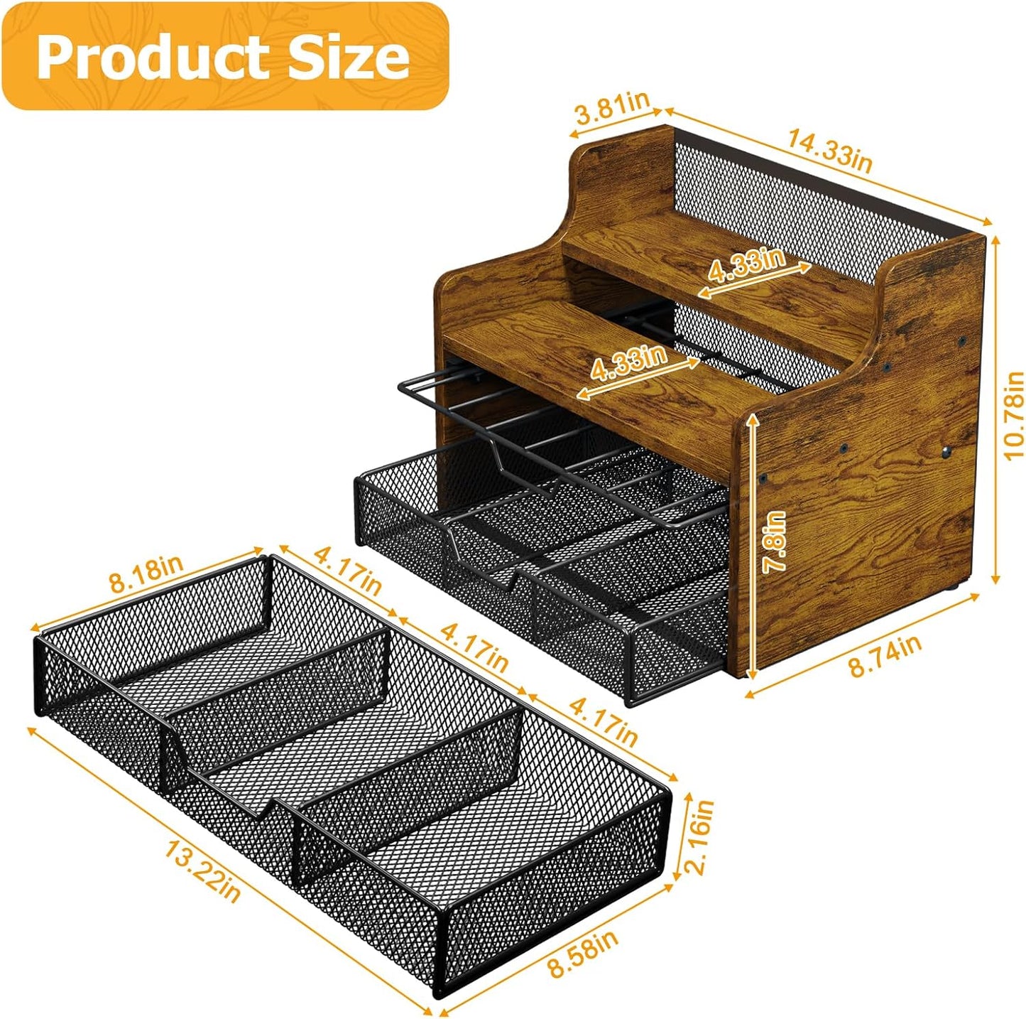 Coffee Pod Holder with Drawer & Dividers, 4-Tier Wood K Cup Organizer for Countertop, Coffee Bar Organizer Storage Box, Coffee Station Organizer for Kitchen Coffee Station