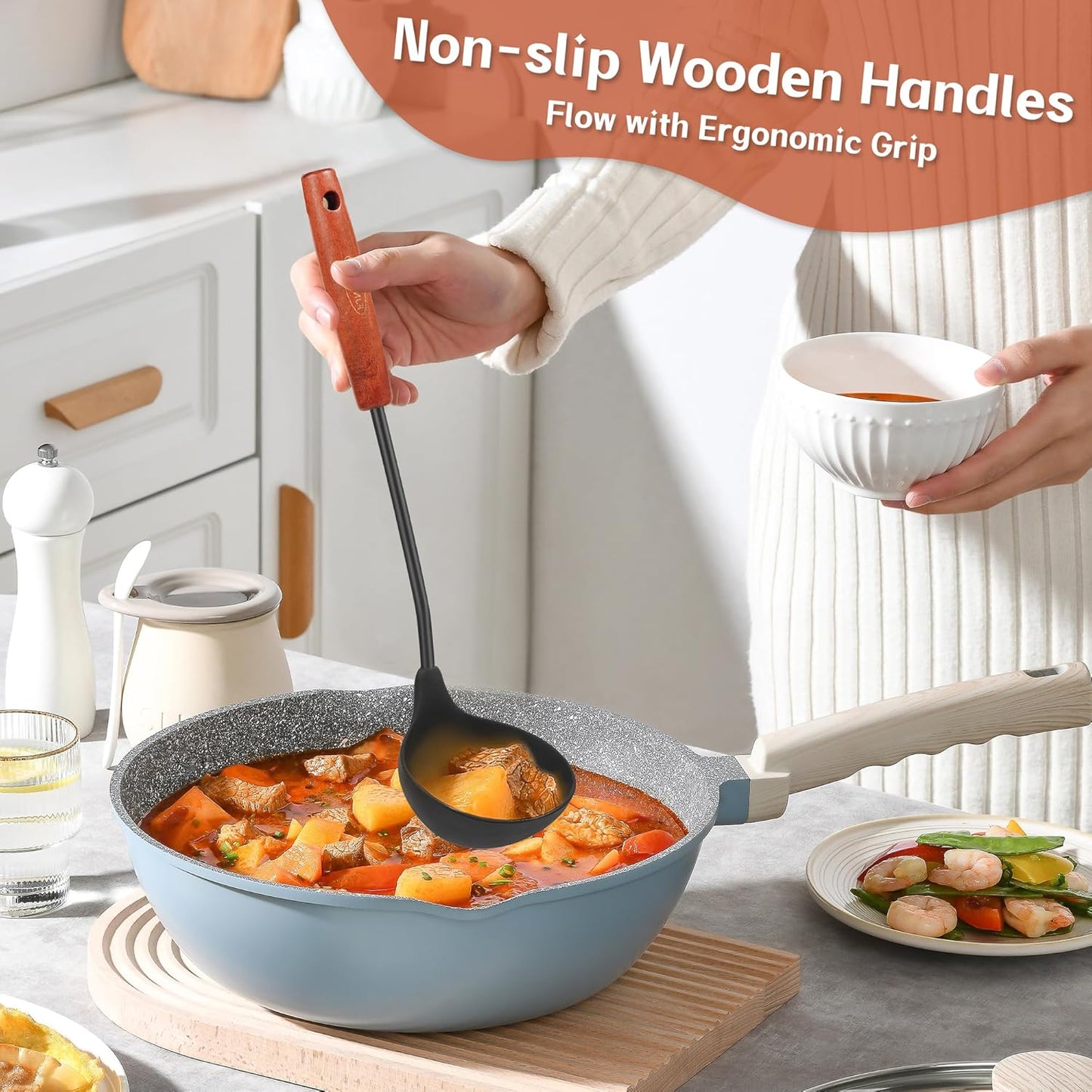 FJNATINH Silicone Wok Spatula and Ladle Tool Set,Non Stick Heat-Resistant Stainless Steel Cooking Utensils BPA Free Kitchen Utensils Cookware, Pack of 2,Black