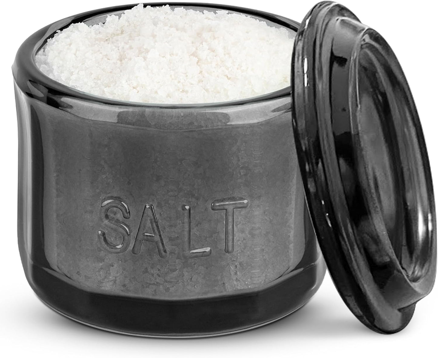 KooK Glass Salt Cellar, with Lid, Embossed Pressed Glass, Clear Storage Container, for Coffee, Sugar, Spices and Candies, 10 oz (Black)