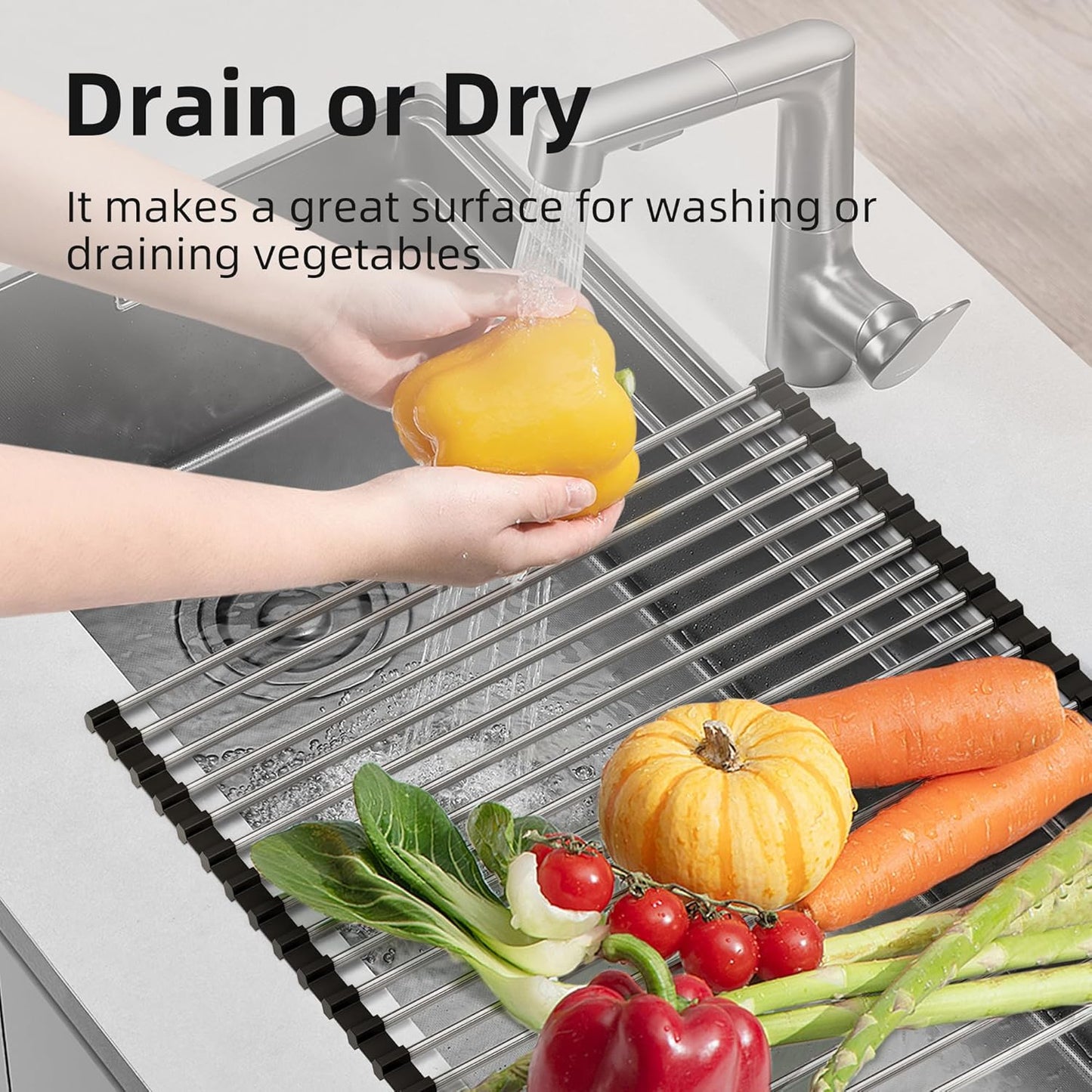 NEZUIBAN Dish Drying Rack with Roll Up and Over Sink for Kitchen,17.5"x11.8",Black