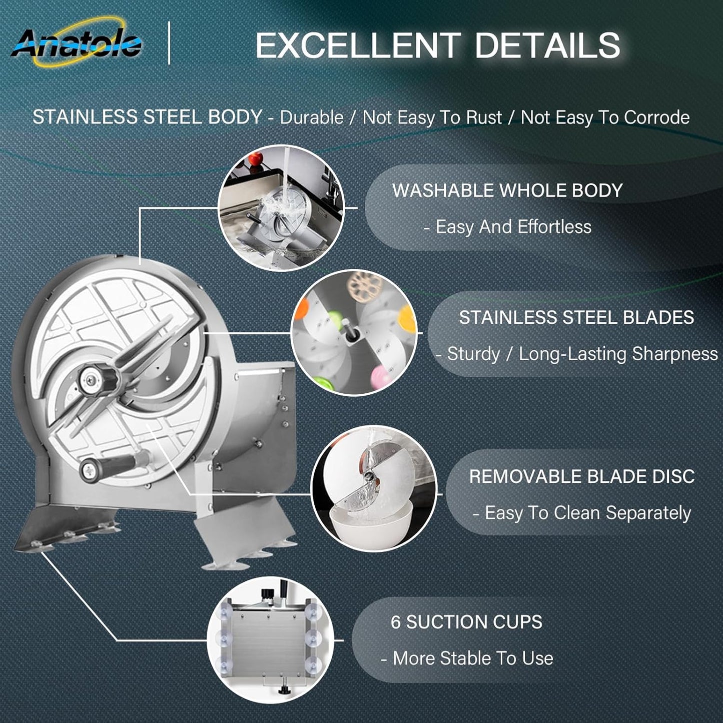 Anatole Commercial Vegetable Slicer Stainless Steel for Tomato Onion Potato Lime 0-0.5'' Thickness Adjustable Manual Fruit Cutter with 6 Suction Cups