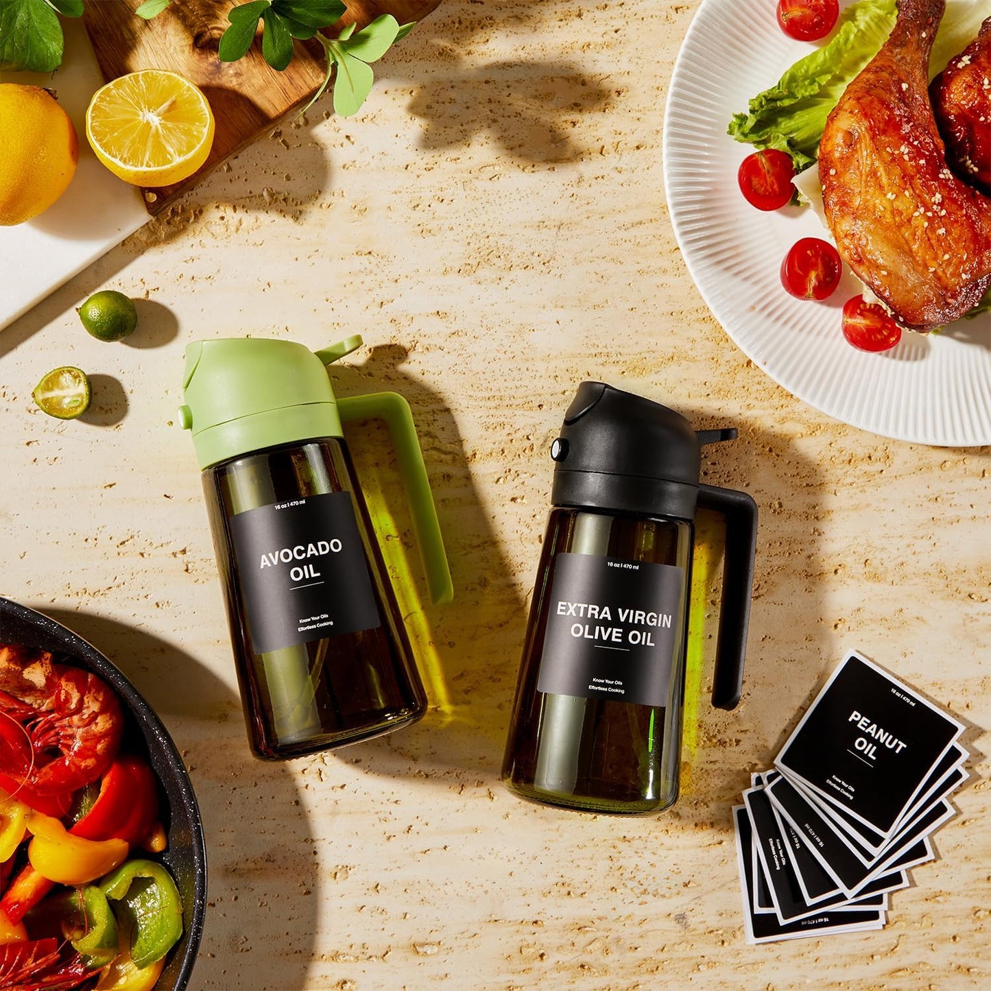 CXINYI - 16oz/470ml Olive Oil Dispenser for Kitchen with Stickers - 2 in 1 Olive Oil Sprayer for Cooking, Air Fryer, and Salad, 2 Black (Light-Proof Kitchen Gadget)