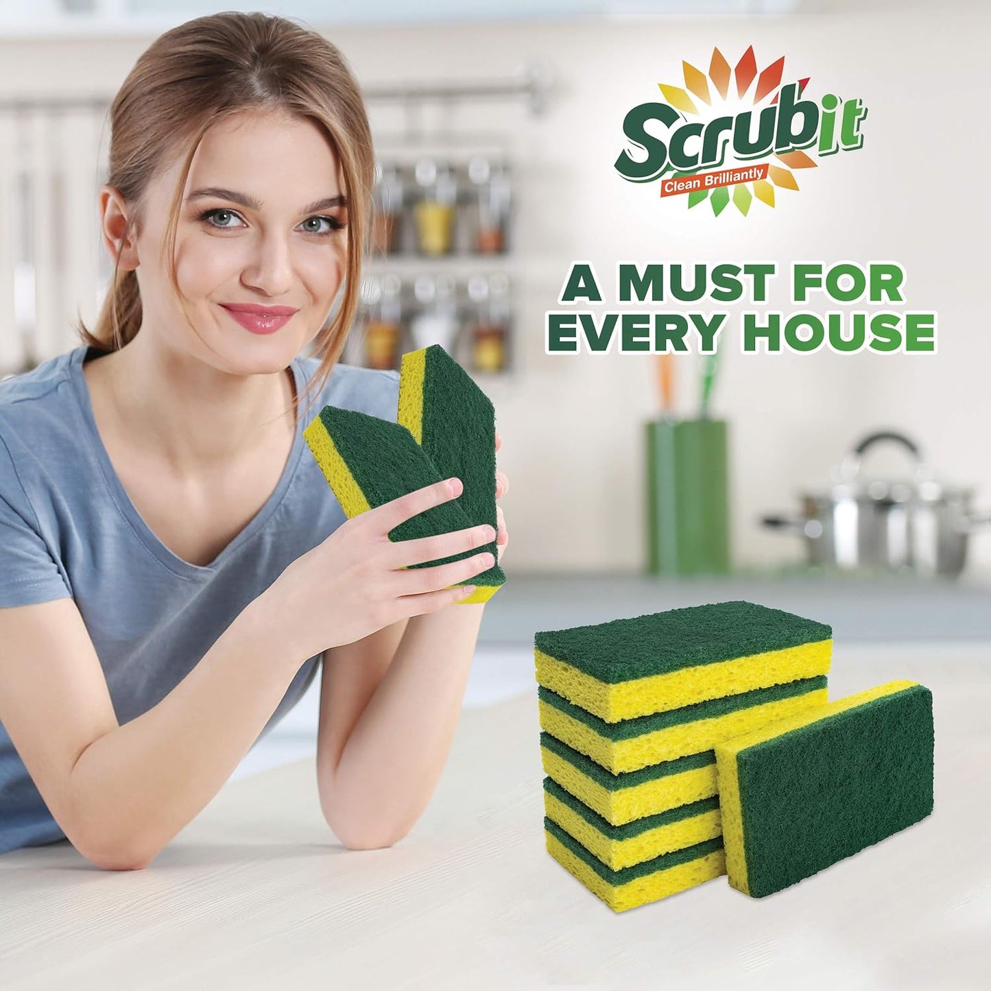SCRUBIT Heavy Duty Scrub Sponges - Dishwashing Sponge Along with A Tough Scouring Pad - Ideal for Cleaning Kitchen, Dishes, Bathroom - Yellow - 24 Dish sponges
