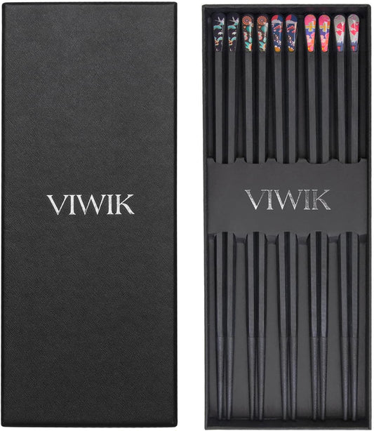 VIWIK 5 Pairs Reusable Chopsticks Premium Fiberglass Cute Japanese Korean Style Dishwasher Safe Chop sticks 9.5 Inch Gift Set