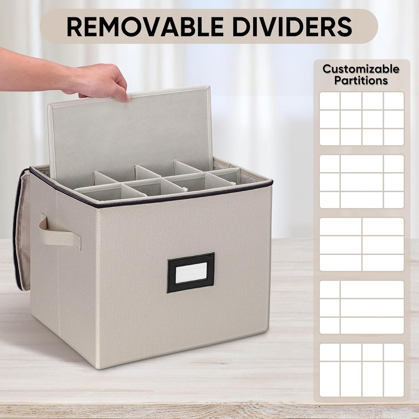 BALEINE China Storage Containers, Sturdy Quilted Wine Glass Storage, Plate Organizer with Carry Handles, Moving Boxes for Dishes, Cups, Mugs and Stemware (Champagne Flute, Hard Shell Cream)