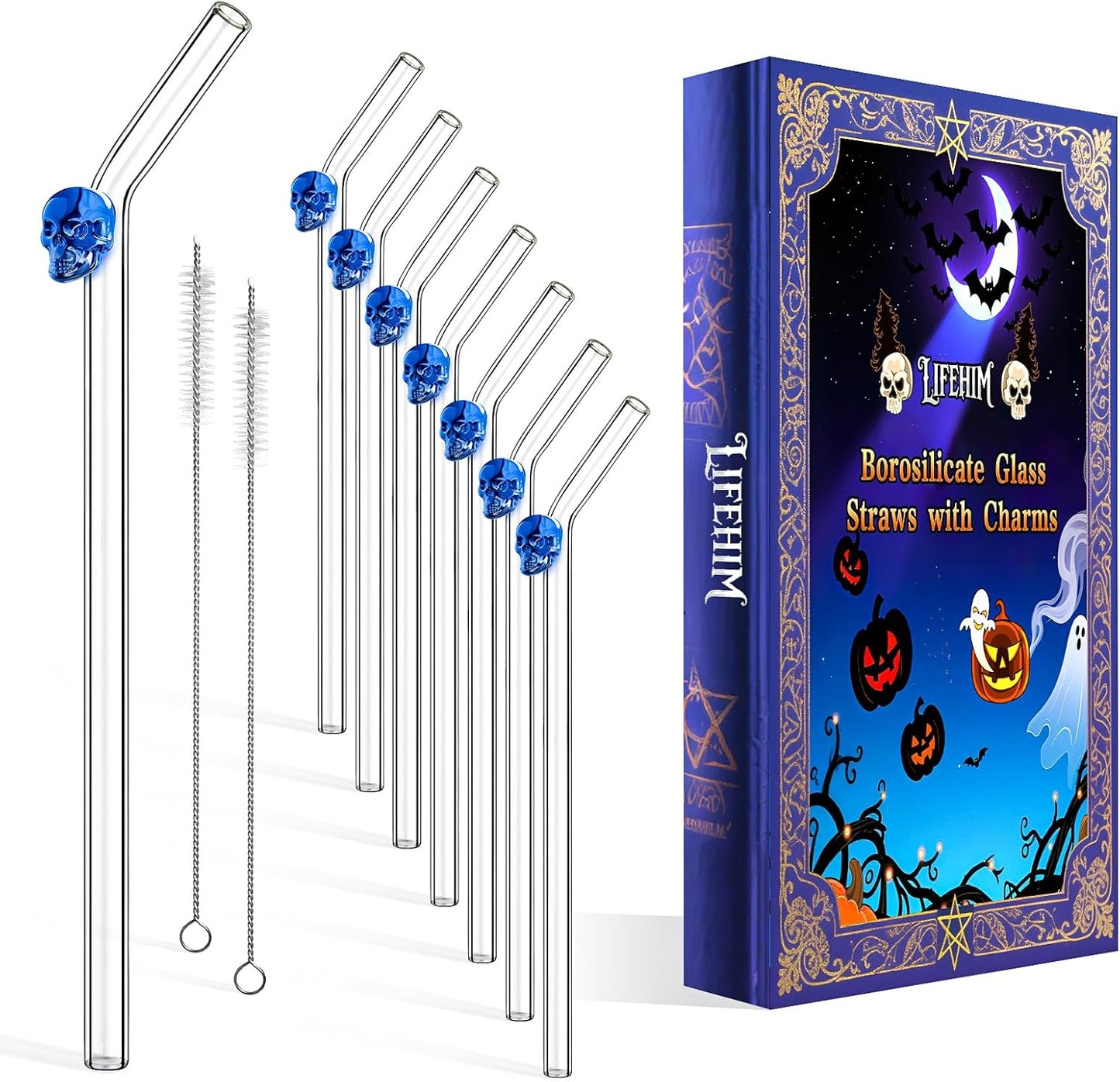 Reusable Halloween Straws with Charms - Skull Design, 9 Inch 8mm Skinny Bent Glass Straws for 16 oz Glass Cups - Cute Clear Drinking Straws for Iced Coffee, Cocktail & Milk Drinks