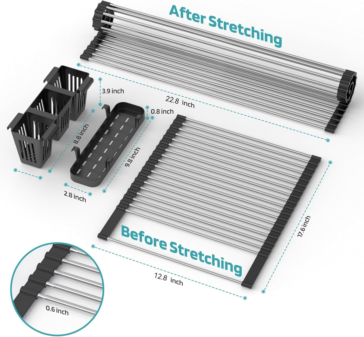 Extra Large Black Expandable Roll Up Dish Drying Rack Up to 22.8''with 2 Storage Baskets,Over The Sink Kitchen Rolling up Dish Drainer Dish Drying Rack in Sink, Foldable,Rollable,for Kitchen Dishes