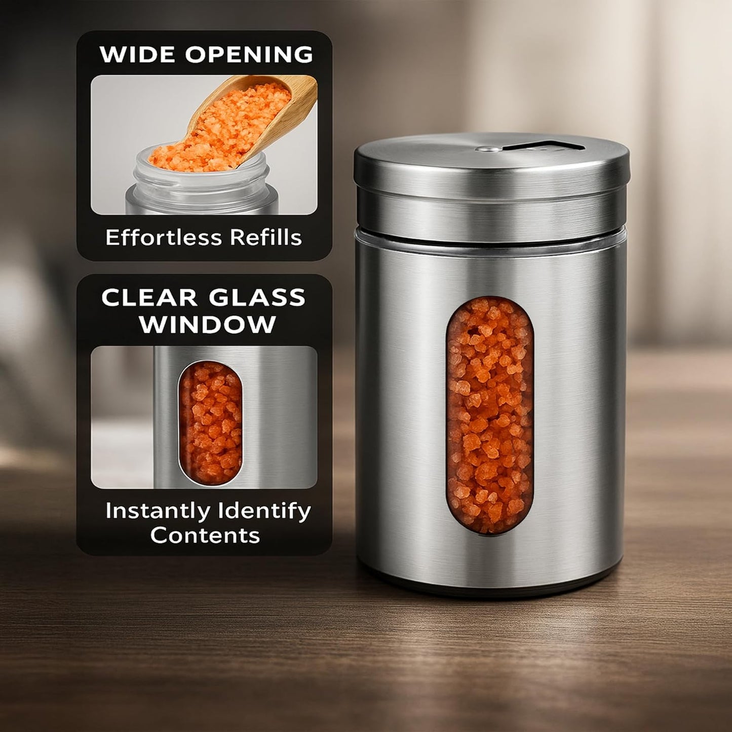 4-Piece Premium Stainless Steel Salt and Pepper Shakers Set – Adjustable Pour Holes Spice Dispenser for Salt, Sugar, Cinnamon, and Pepper – Stylish Kitchen Seasoning and Spice Shaker Set