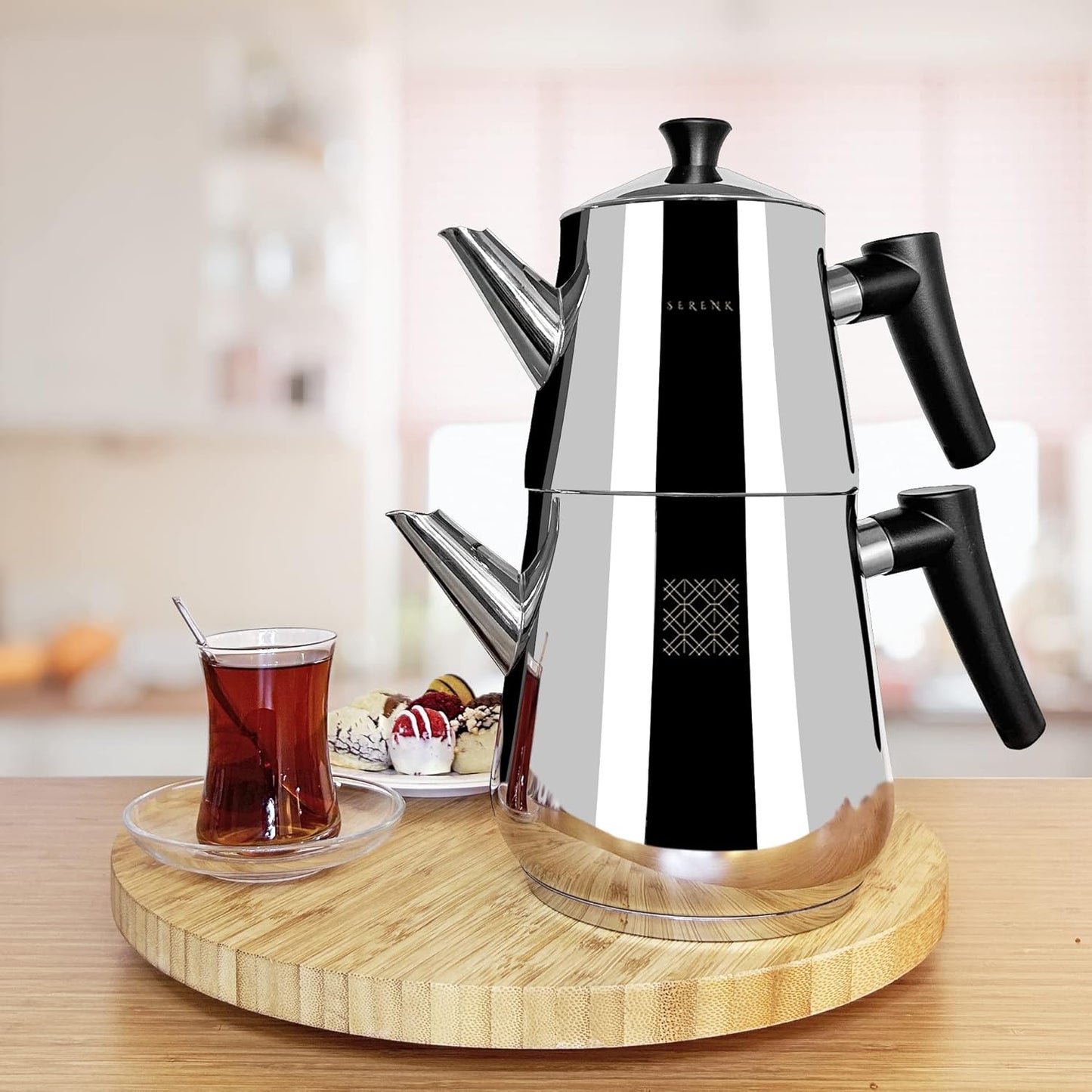 Serenk Stainless Steel Turkish Teapot Set, Double Kettle Set with Non-Slip Bakelite Handles, 101 Oz Black