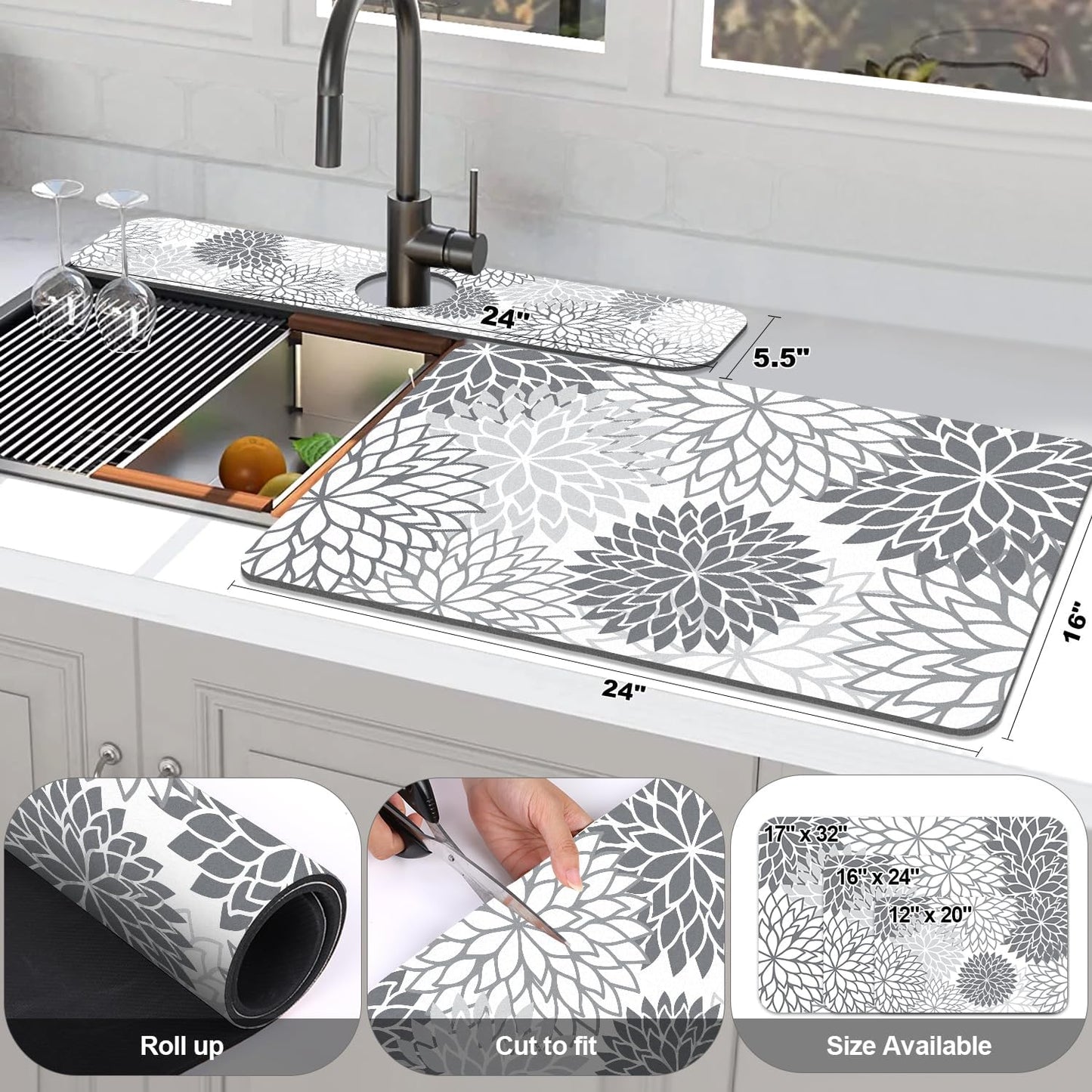 Findosom 2PCS 16" x 24" Dish Drying Mat & 24" x 5.5" Sink Splash Guard, Super Absorbent & Cuttable Dish Mat Drying Kitchen Mat with Gray Floral, Hide Stain Drying Mat for Kitchen Counter