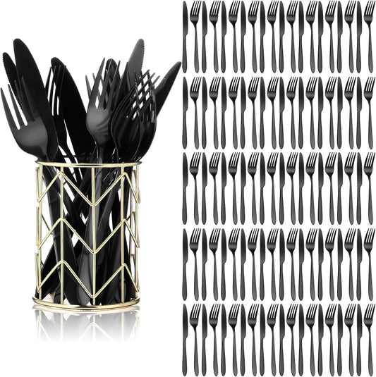 Nuenen 100 Pieces Stainless Steel forks and knives Dinner Flatware Set Tableware Cutlery for Butter Kitchen Restaurant, Dishwasher Safe(Black,8.4 Inches, 7.1 Inches)