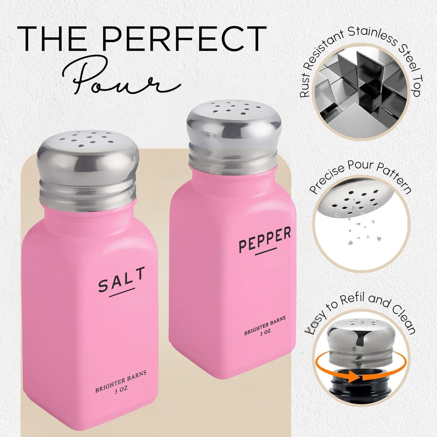 Pink Salt and Pepper Shakers Set by Brighter Barns - Modern Kitchen Accessories - Cute Salt and Pepper Set with Stainless Steel Lids - Chic Decor and Kitchen Essentials for Restaurants, Airbnb (Pink)