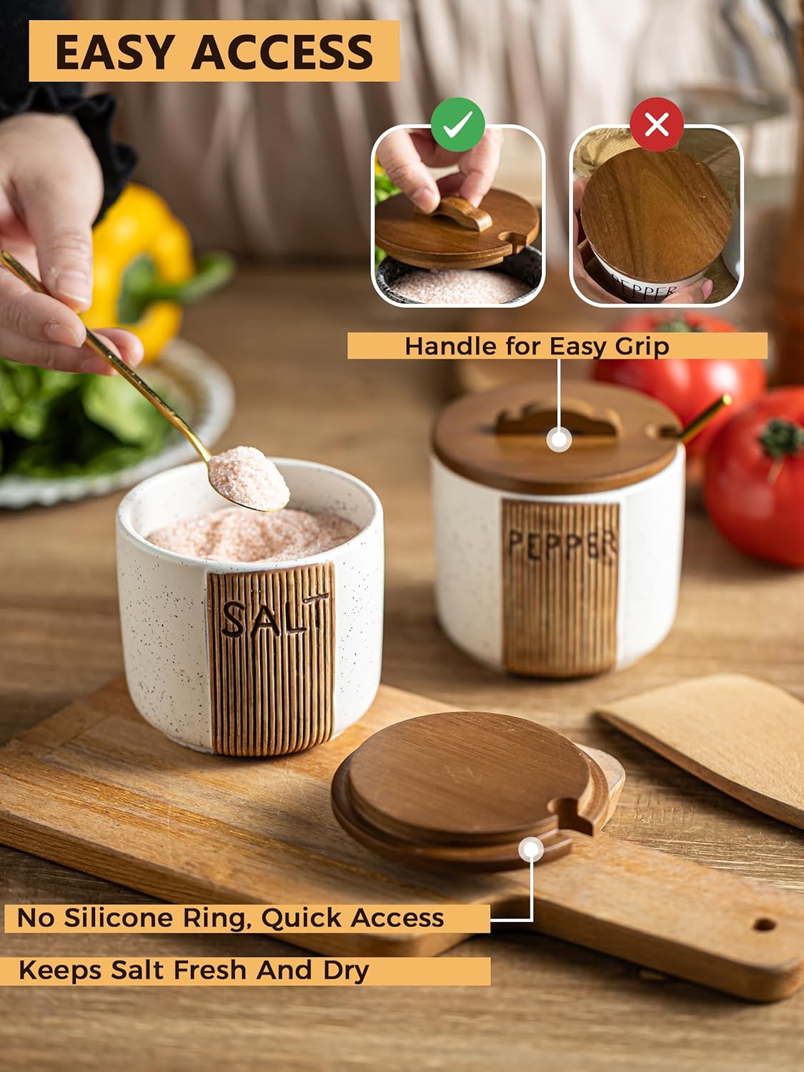 Salt Container for Countertop, Ceramic Salt Cellar with Lid and Spoons, 10 OZ Salt Bowl Holder, White