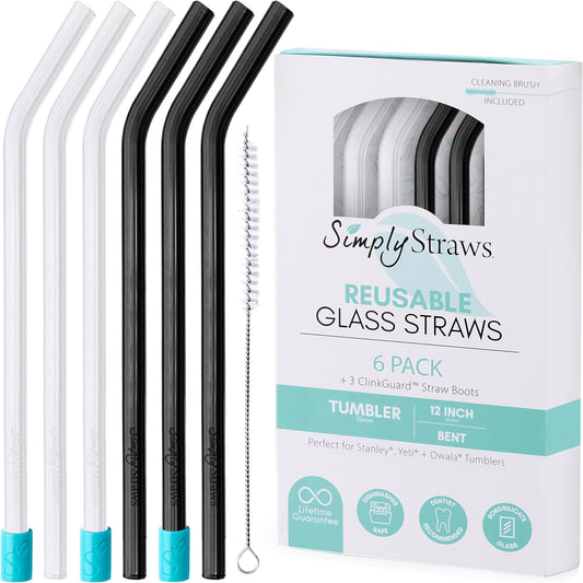 Simply Straws 12 Inch Glass Straws Bent (6-Pack) – Reusable Glass Straws for Stanley 40 Oz Tumbler, with Cleaning Brush – Durable, Dishwasher Safe, Hot & Cold Use, BPA-Free (Marble)