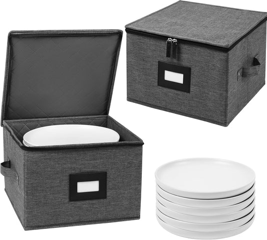 Mayniu China Storage Containers Hard Shell, 12" Plate Storage Containers for Dishes, Stackable Dinnerware Storage with 24 Felt Dividers (2 Pack Black)