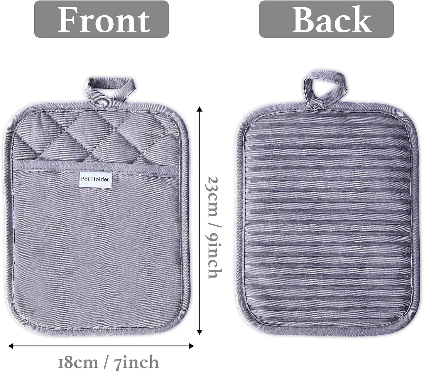 Kitchen Everyday Basic Pot Holder Heat Resistant Coaster Soft Silicone Water Resistant Pot Holder Set Oven Mitts with Pocket, 2 Piece Set, 7"x9" Grey