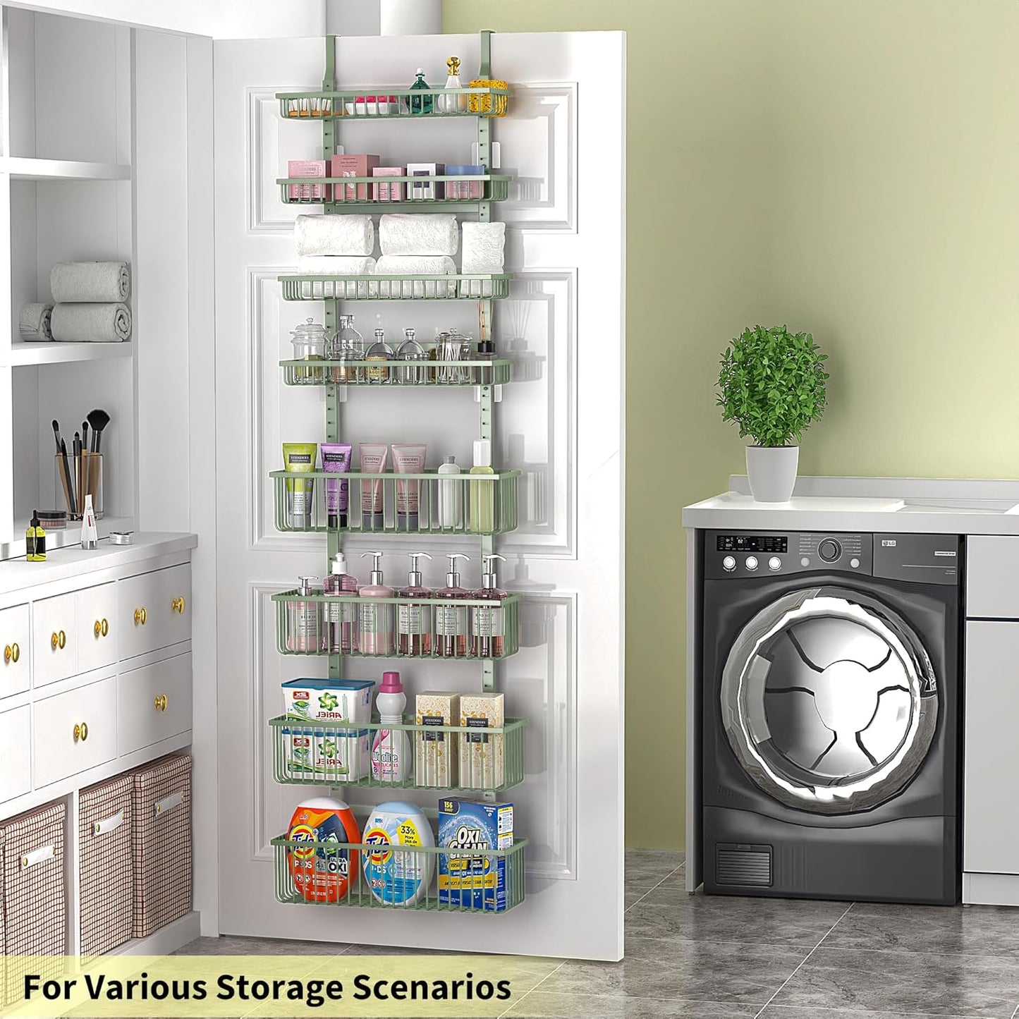 Moforoco Sage Green Over The Door Pantry Organizer, Pantry Door Organizer Shelves, Kitchen Organizers and Storage, Hanging Basket Wall Spice Rack Seasoning Shelves