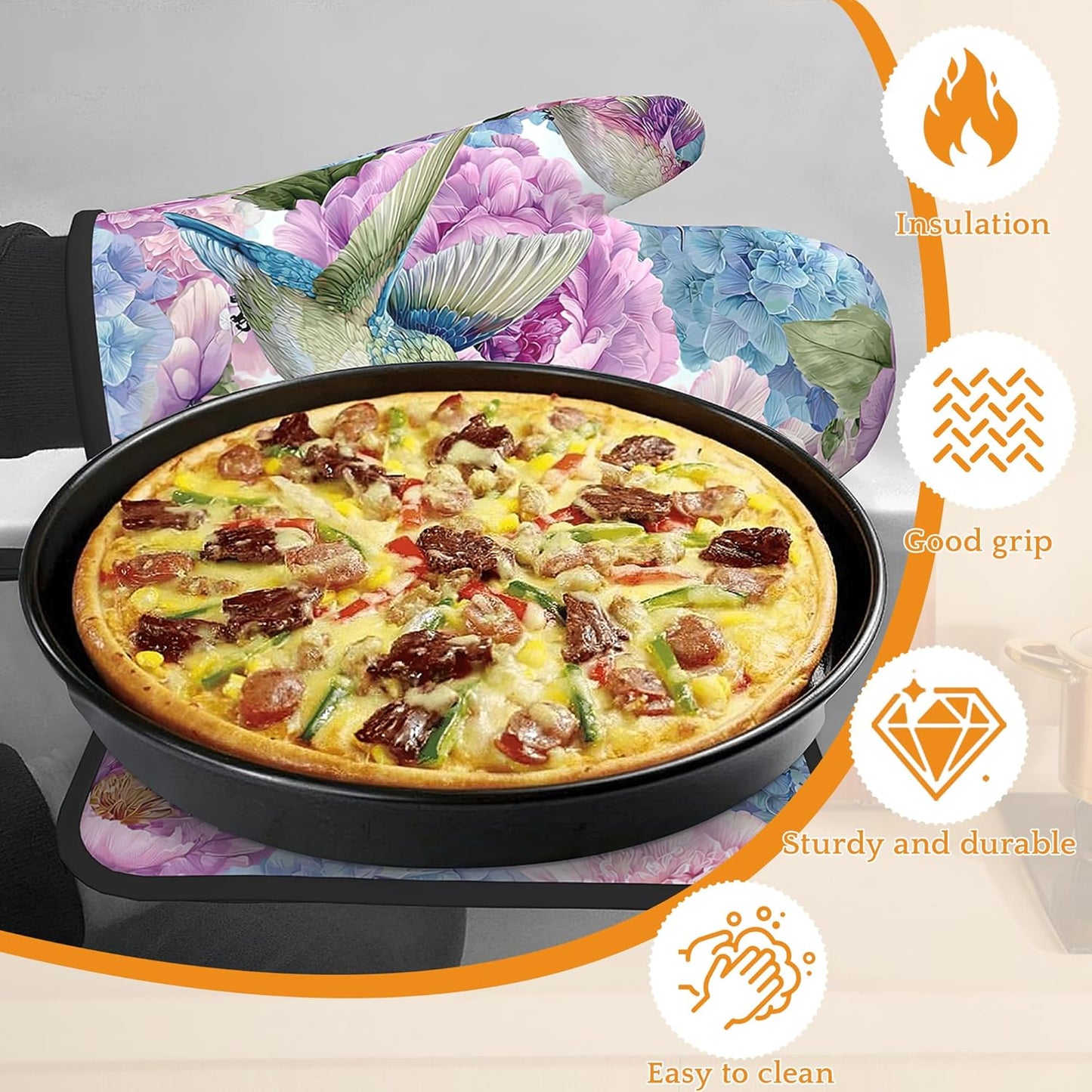 Hummingbird Oven Mitts and Pot Holders Set,Pink Flower Floral Kitchen Decor Heat Resistant Non Slip Hot Pads and Oven Mitt for Chef Cooking Baking BBQ Mom Girl Gifts(4 Piece Set)