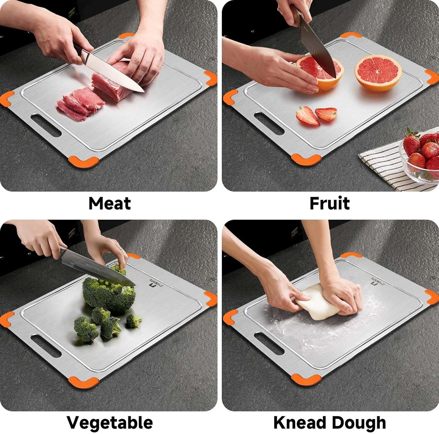 100% Pure Titanium Cutting Board with Grooves, Update Double Side Titanium Chopping Board, Silicone Anti-slip Stainless Cutting Boards for Kitchen 11 * 15 IN, Orange