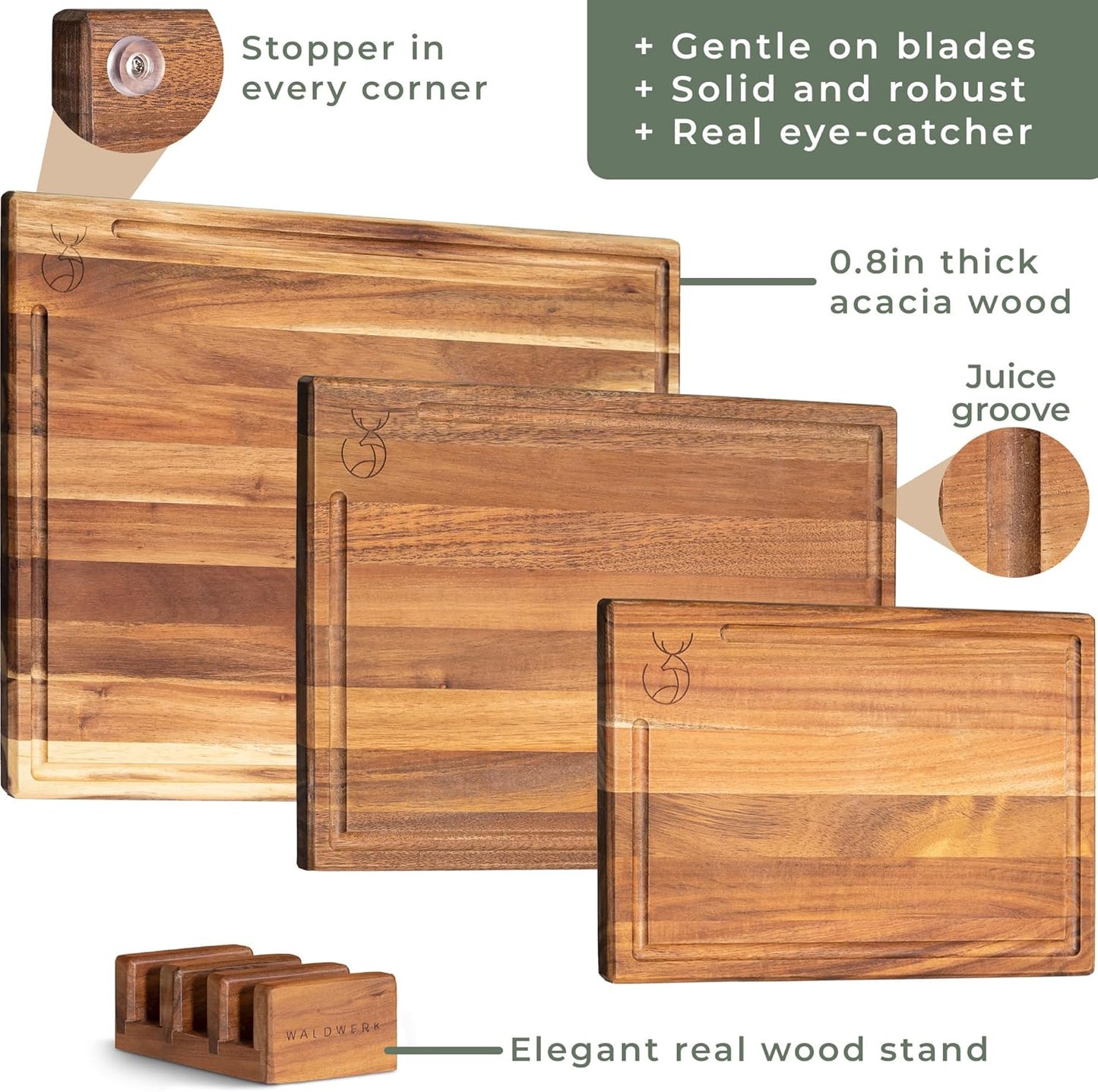 WALDWERK Cutting Board Set (15.75 x 12/13 x 9.5/10 x 7 in) out of Solid Acacia Wood - 0,8 in Thick Cutting Boards for Kitchen - Wood Cutting Boards - Wooden Chopping Boards for Kitchen